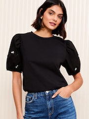 Friends Like These Black Short Sleeve Poplin Diamante Puff Sleeve 100% Cotton T-Shirt - Image 1 of 5