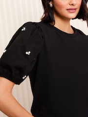 Friends Like These Black Short Sleeve Poplin Diamante Puff Sleeve 100% Cotton T-Shirt - Image 2 of 5