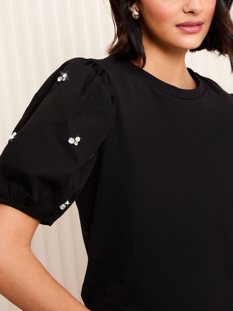 Friends Like These Black Short Sleeve Poplin Diamante Puff Sleeve 100% Cotton T-Shirt - Image 2 of 5
