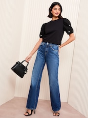 Friends Like These Black Short Sleeve Poplin Diamante Puff Sleeve 100% Cotton T-Shirt - Image 3 of 5