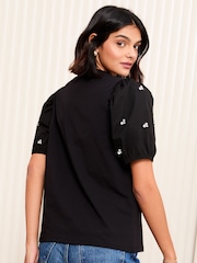 Friends Like These Black Short Sleeve Poplin Diamante Puff Sleeve 100% Cotton T-Shirt - Image 4 of 5