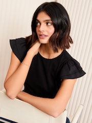 Friends Like These Black Poplin Ruffle Short Sleeve T-Shirt - Image 3 of 5