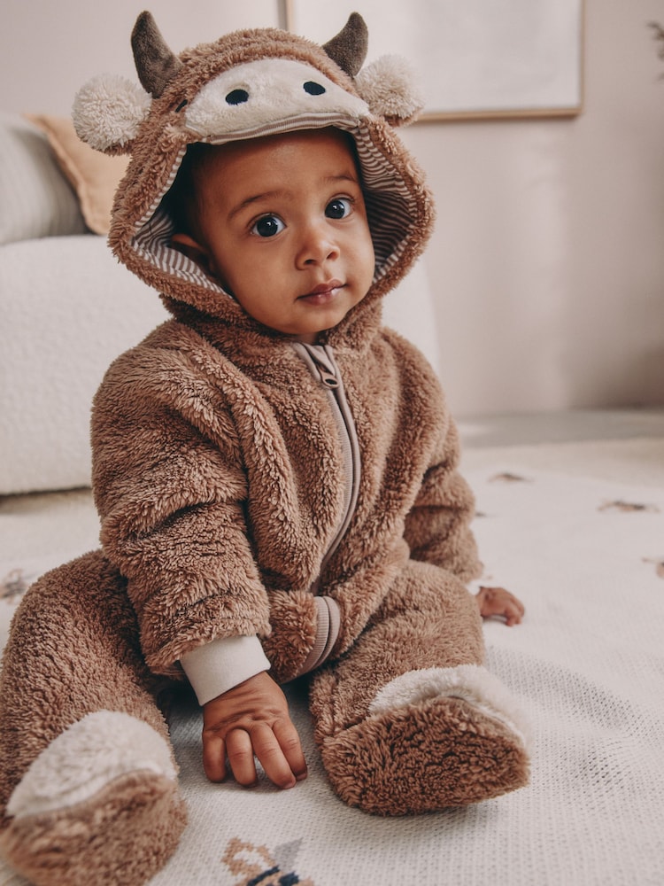 Buy Brown Hamish Hooded Baby Fleece Pramsuit (0-18mths) from the