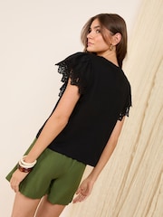 Friends Like These Black Broderie Flutter 100% Cotton T-Shirt - Image 4 of 4