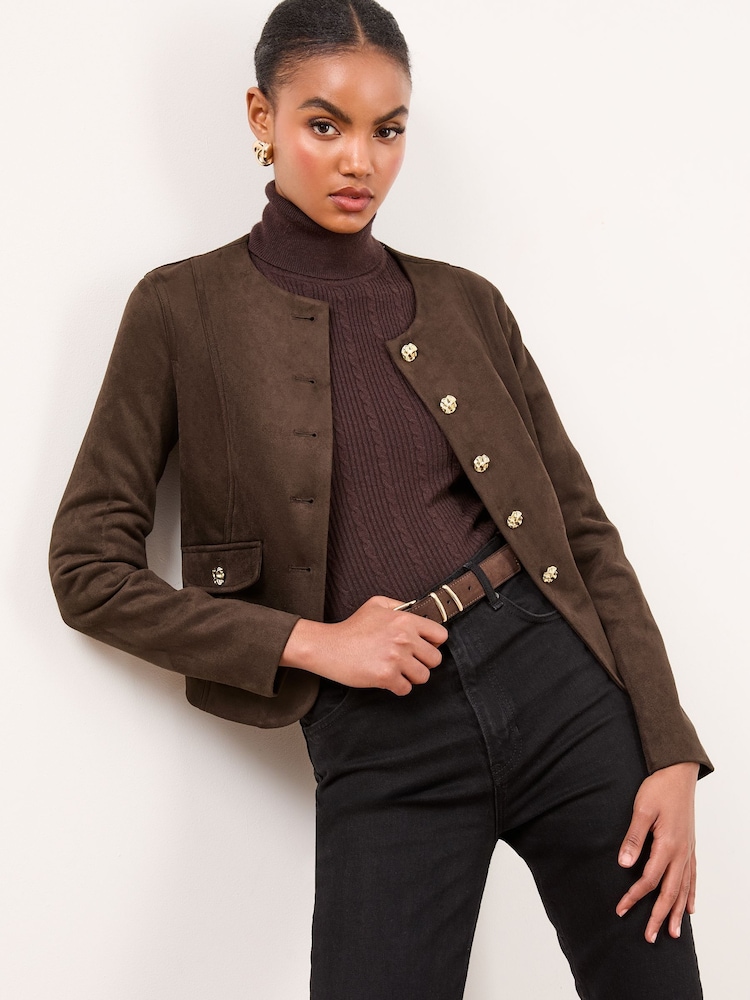 Lipsy Chocolate Brown Suedette Collarless Jacket - Image 1 of 5