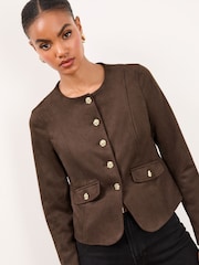 Lipsy Chocolate Brown Suedette Collarless Jacket - Image 3 of 5