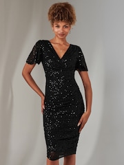 Jolie Moi Black Flare Sleeve Ruched Sequin Dress - Image 1 of 6