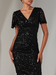 Jolie Moi Black Flare Sleeve Ruched Sequin Dress - Image 3 of 6