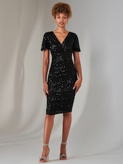 Jolie Moi Black Flare Sleeve Ruched Sequin Dress - Image 6 of 6