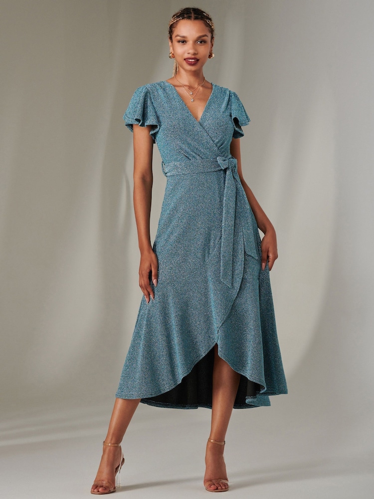 Jolie Moi Dark Blue Marlie Metallic Angel Sleeve Maxi Dress - Image 1 of 6