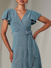 Jolie Moi Dark Blue Marlie Metallic Angel Sleeve Maxi Dress - Image 3 of 6