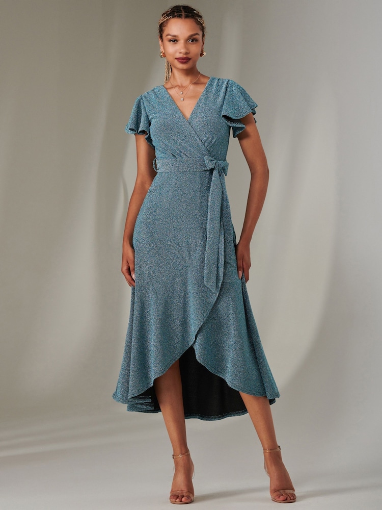 Jolie Moi Dark Blue Marlie Metallic Angel Sleeve Maxi Dress - Image 4 of 6