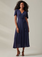 Jolie Moi Blue Plain Angel Sleeve Wrapped Maxi Dress - Image 1 of 6