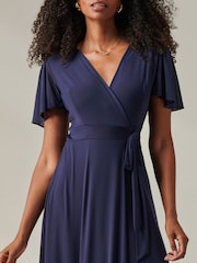 Jolie Moi Blue Plain Angel Sleeve Wrapped Maxi Dress - Image 3 of 6