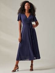 Jolie Moi Blue Plain Angel Sleeve Wrapped Maxi Dress - Image 4 of 6
