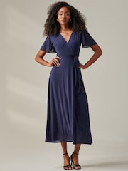 Jolie Moi Blue Plain Angel Sleeve Wrapped Maxi Dress - Image 5 of 6