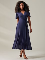 Jolie Moi Blue Plain Angel Sleeve Wrapped Maxi Dress - Image 6 of 6