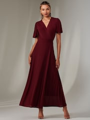 Jolie Moi Beige/Red Plain Angel Sleeve Wrapped Maxi Dress - Image 1 of 6