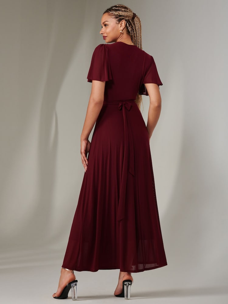 Jolie Moi Beige/Red Plain Angel Sleeve Wrapped Maxi Dress - Image 2 of 6