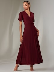 Jolie Moi Beige/Red Plain Angel Sleeve Wrapped Maxi Dress - Image 4 of 6