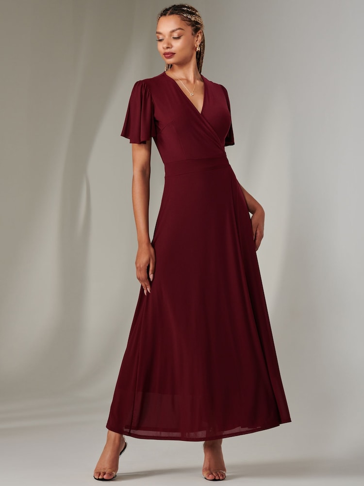 Jolie Moi Beige/Red Plain Angel Sleeve Wrapped Maxi Dress - Image 4 of 6
