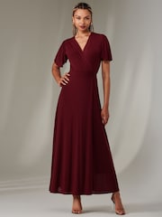 Jolie Moi Beige/Red Plain Angel Sleeve Wrapped Maxi Dress - Image 5 of 6