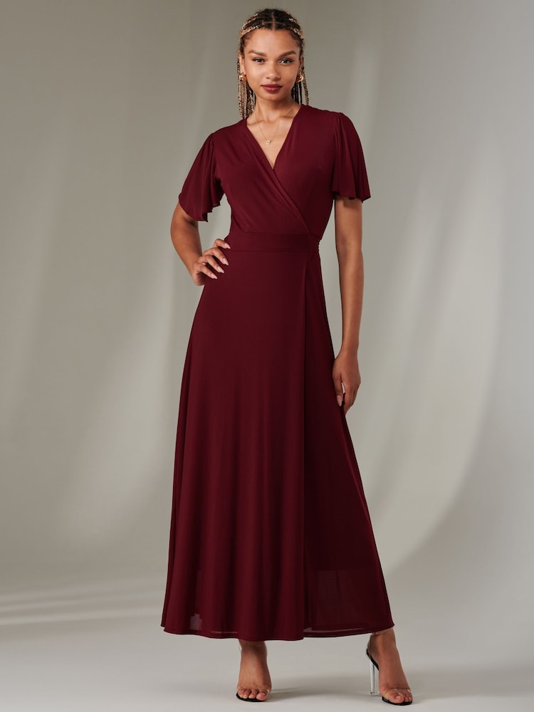 Jolie Moi Beige/Red Plain Angel Sleeve Wrapped Maxi Dress - Image 5 of 6