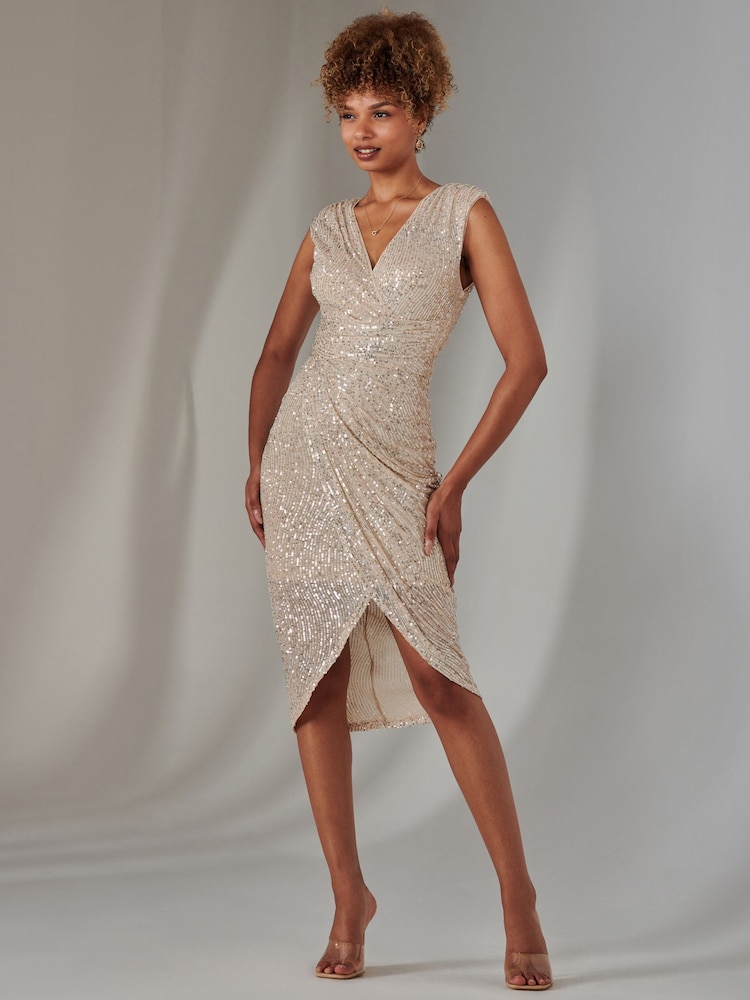 Jolie Moi Natural Aisla Ruched Sequin Bodycon Dress - Image 5 of 6