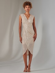 Jolie Moi Natural Aisla Ruched Sequin Bodycon Dress - Image 6 of 6