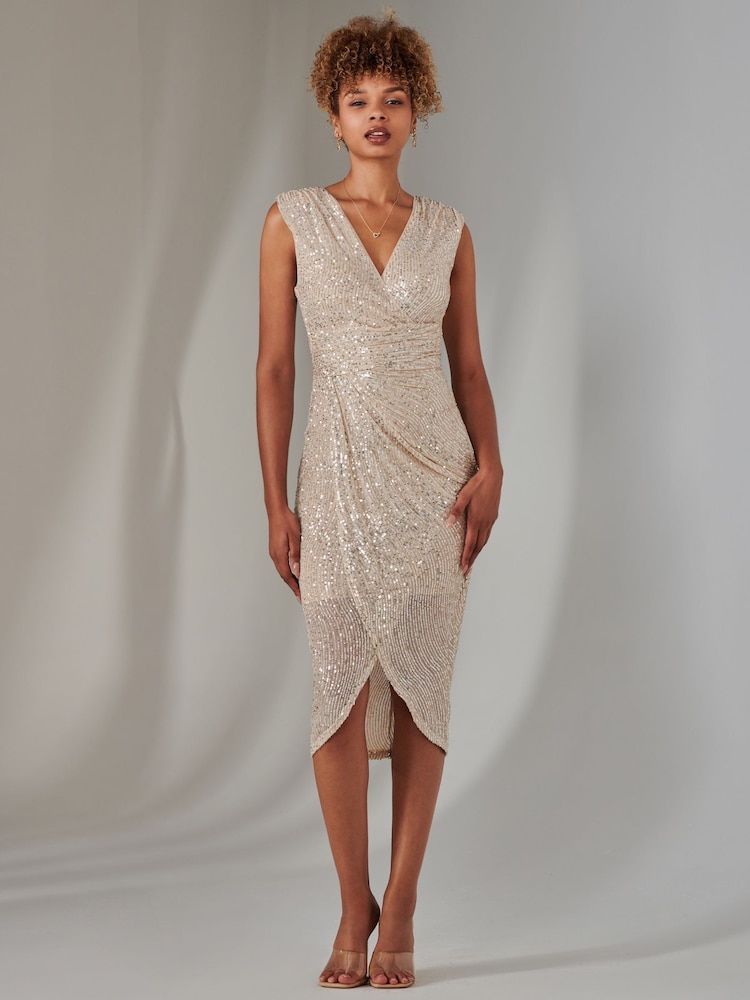 Jolie Moi Natural Aisla Ruched Sequin Bodycon Dress - Image 6 of 6