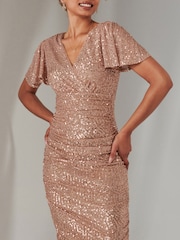 Jolie Moi Nude Flare Sleeve Ruched Sequin Dress - Image 3 of 6