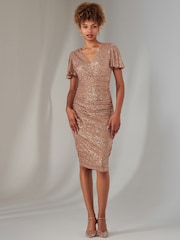 Jolie Moi Nude Flare Sleeve Ruched Sequin Dress - Image 6 of 6