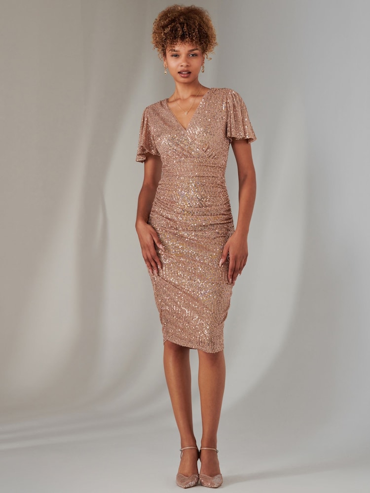 Jolie Moi Nude Flare Sleeve Ruched Sequin Dress - Image 6 of 6