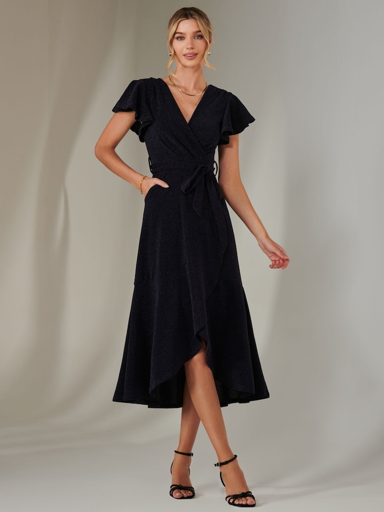 Jolie Moi Blue Marlie Metallic Angel Sleeve Maxi Dress - Image 1 of 6