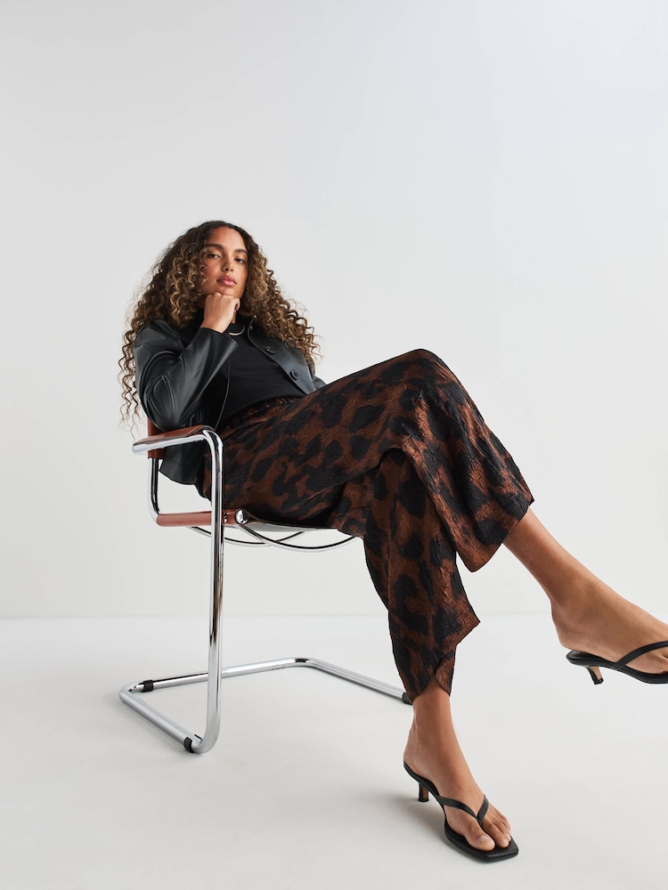 Brown Animal Print Satin Crinkle Wide Leg Trousers - Image 2 of 8