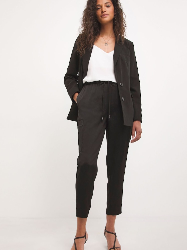 JD Williams Black Satin Back Crepe Tapered Trousers With Tie Waist - Image 1 of 4 JD Williams Black Satin Back Crepe Tapered Trousers With Tie Waist - Image 1 of 4