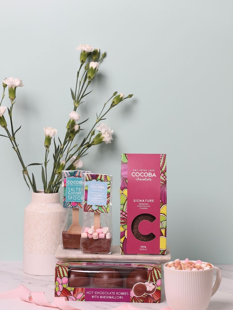Cocoba Belgian Milk Hot Chocolate Bombes, Flakes & Sea Salt Caramel Spoons Gift Set - Image 1 of 7