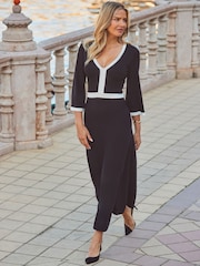 Sosandar Black Contrast Trim Fit & Flare Knitted Midi Dress - Image 1 of 4