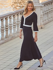Sosandar Black Contrast Trim Fit & Flare Knitted Midi Dress - Image 2 of 4