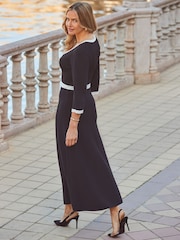 Sosandar Black Contrast Trim Fit & Flare Knitted Midi Dress - Image 3 of 4