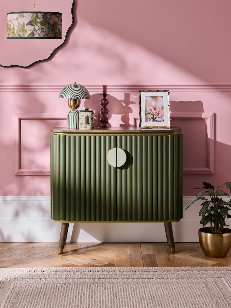Clarke & Clarke Ribbed Green Mango Wood Calisto Small Sideboard - Image 1 of 9