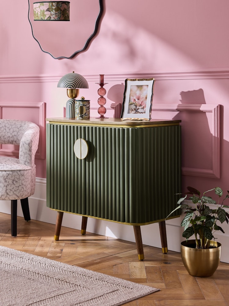Clarke & Clarke Ribbed Green Mango Wood Calisto Small Sideboard - Image 2 of 9