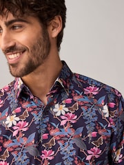 Dark Purple Regular Fit Kew Collection 100% Cotton Floral Long Sleeve Single Cuff Shirt - Image 1 of 8