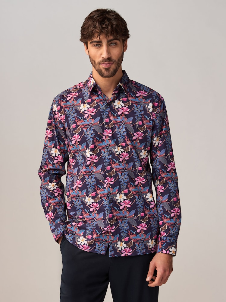 Dark Purple Regular Fit Kew Collection 100% Cotton Floral Long Sleeve Single Cuff Shirt - Image 2 of 8