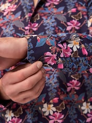 Dark Purple Regular Fit Kew Collection 100% Cotton Floral Long Sleeve Single Cuff Shirt - Image 5 of 8