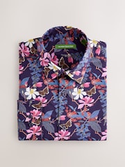 Dark Purple Regular Fit Kew Collection 100% Cotton Floral Long Sleeve Single Cuff Shirt - Image 6 of 8