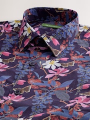 Dark Purple Regular Fit Kew Collection 100% Cotton Floral Long Sleeve Single Cuff Shirt - Image 7 of 8