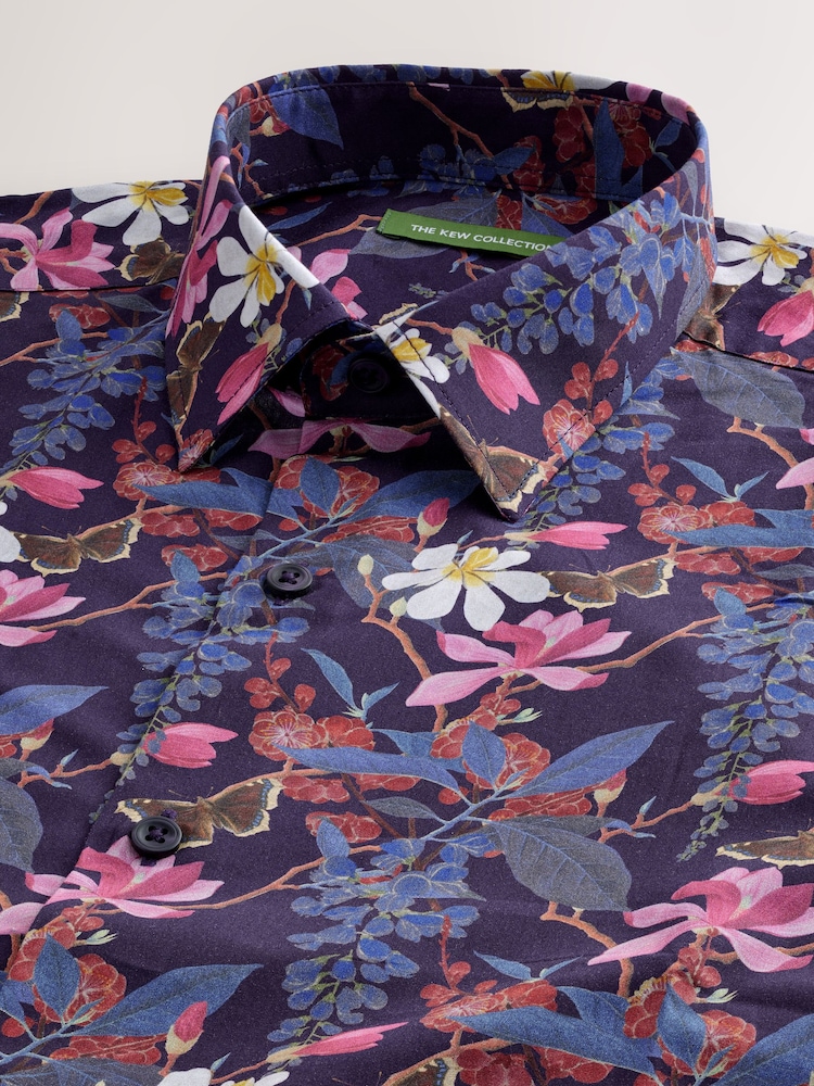 Violet închis - Croială clasică Kew Collection 100% Cotton Floral Mânecă lungă Single Cuff Cămăși - Image 7 of 8