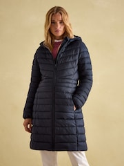 Joules Kenley Navy Blue Showerproof Long Padded Coat with Hood - Image 1 of 6