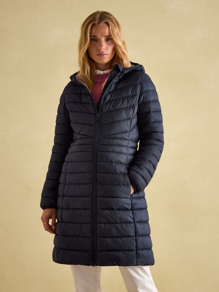 Joules Kenley Navy Blue Showerproof Long Padded Coat with Hood - Image 1 of 6